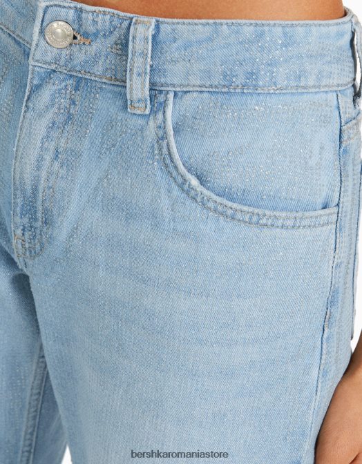 Bershka femei blugi drepti cu detalii strasuri albastru deschis Z86D1579 îmbrăcăminte