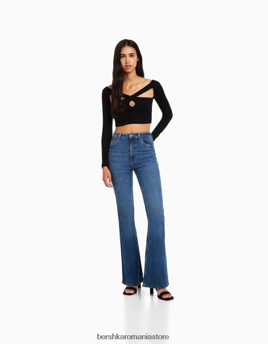 Bershka femei blugi evazati albastru Z86D1973 îmbrăcăminte