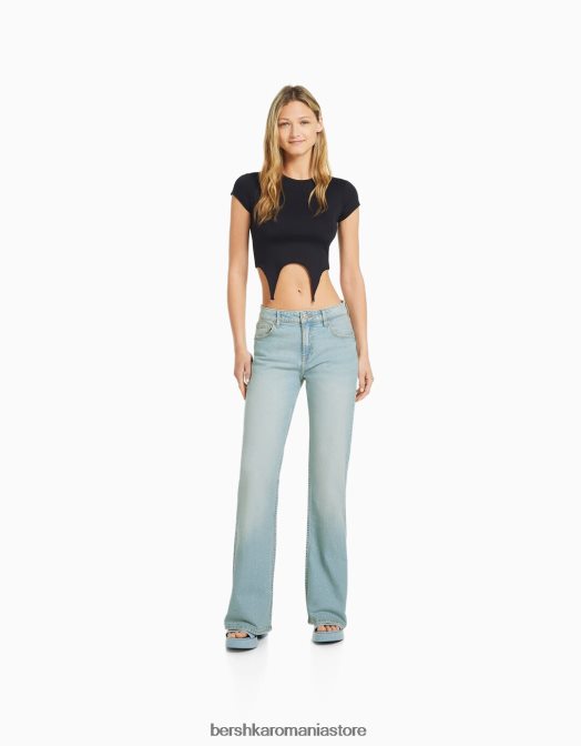 Bershka femei blugi flare cu talie joasa cu buzunare albastru deschis Z86D1565 îmbrăcăminte