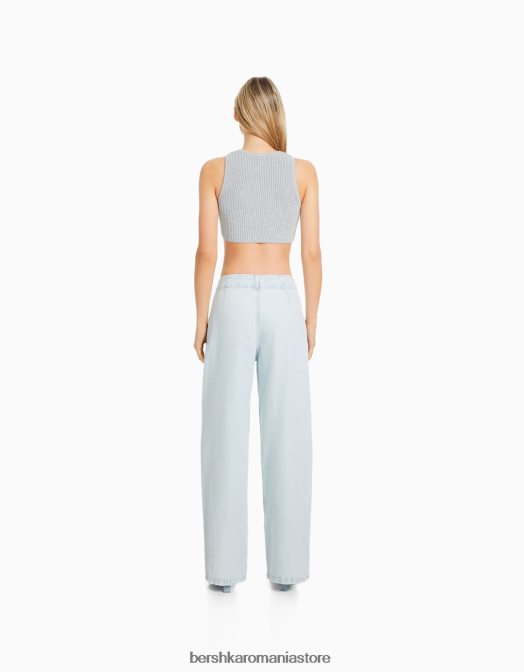 Bershka femei blugi largi anilor \'90 cu detaliu cravată albastru deschis Z86D1541 îmbrăcăminte
