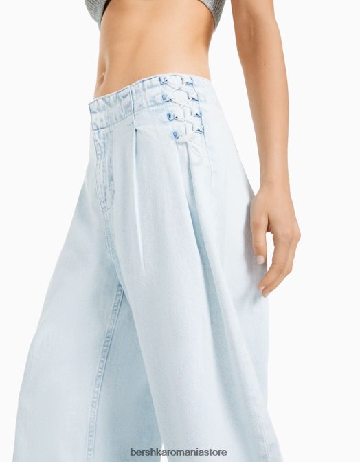 Bershka femei blugi largi anilor \'90 cu detaliu cravată albastru deschis Z86D1541 îmbrăcăminte