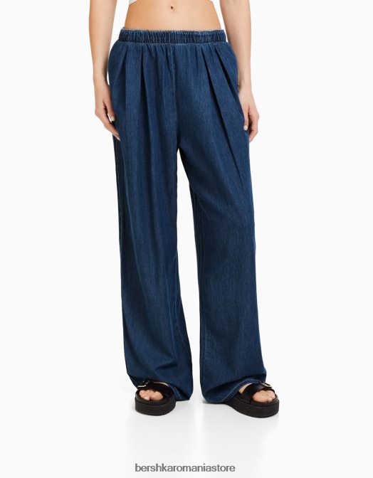 Bershka femei blugi largi cu pliuri albastru Z86D1574 îmbrăcăminte