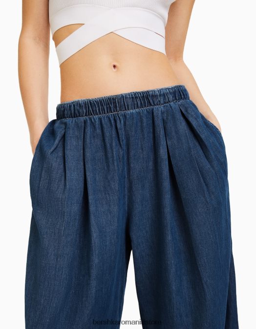 Bershka femei blugi largi cu pliuri albastru Z86D1574 îmbrăcăminte