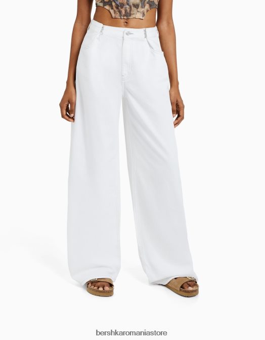 Bershka femei blugi largi cu talie reglabilă alb Z86D1564 îmbrăcăminte