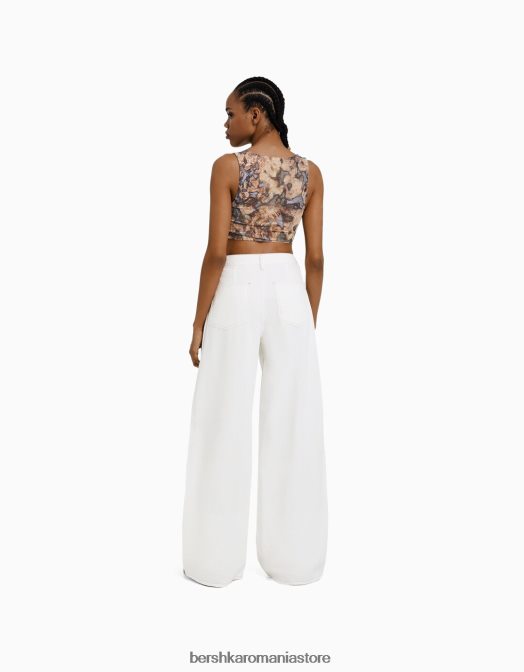 Bershka femei blugi largi cu talie reglabilă alb Z86D1564 îmbrăcăminte