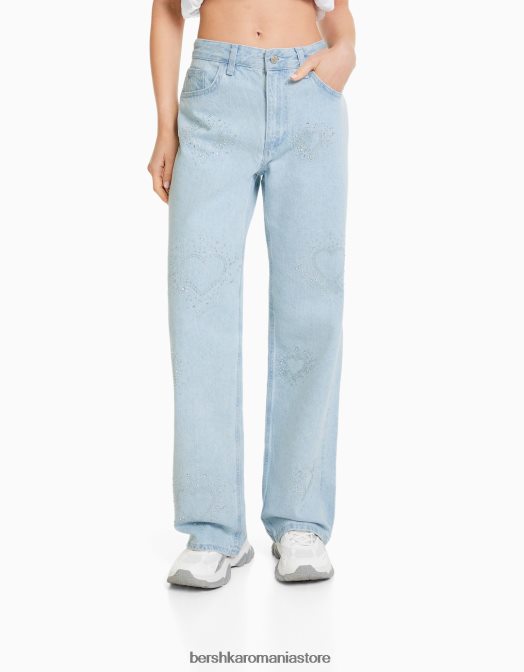Bershka femei blugi largi din anii \'90 cu inimioare de strass albastru deschis Z86D1580 îmbrăcăminte