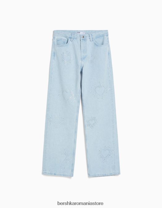 Bershka femei blugi largi din anii \'90 cu inimioare de strass albastru deschis Z86D1581 îmbrăcăminte