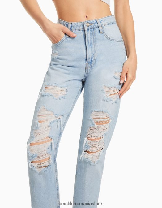 Bershka femei blugi mom rupti albastru deschis Z86D1542 îmbrăcăminte