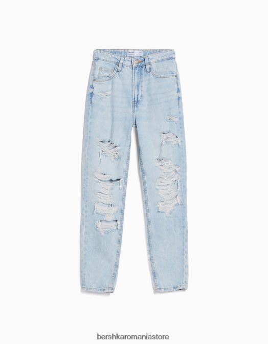 Bershka femei blugi mom rupti albastru deschis Z86D1542 îmbrăcăminte