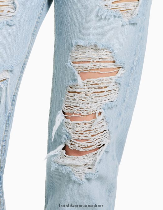 Bershka femei blugi mom rupti albastru deschis Z86D1542 îmbrăcăminte