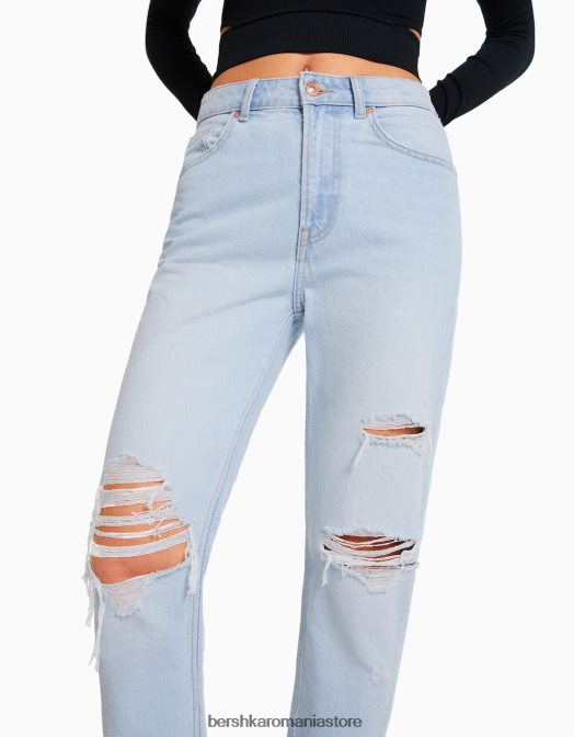 Bershka femei blugi mom rupti albastru deschis Z86D1553 îmbrăcăminte