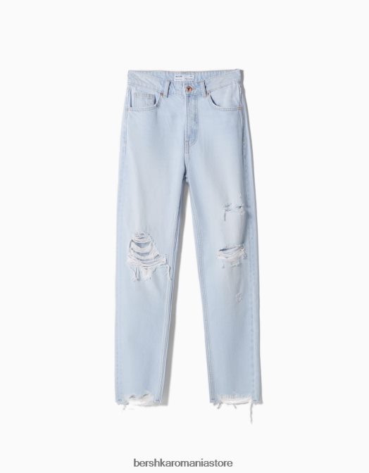 Bershka femei blugi mom rupti albastru deschis Z86D1553 îmbrăcăminte