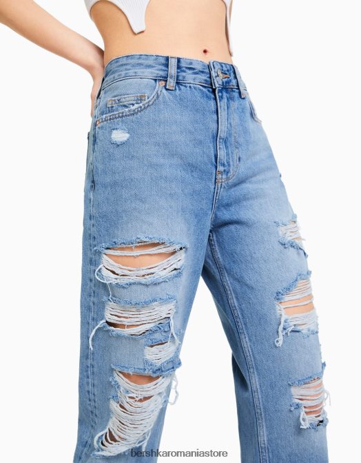 Bershka femei blugi mom rupti tăiați, cu picioare drepte albastru deschis Z86D1571 îmbrăcăminte
