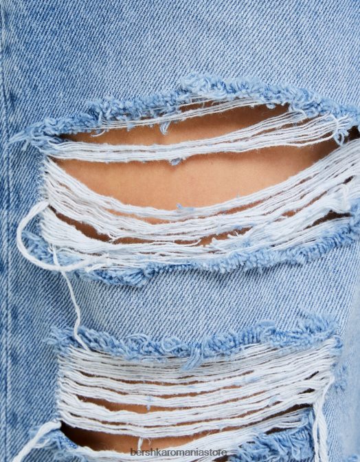 Bershka femei blugi mom rupti tăiați, cu picioare drepte albastru deschis Z86D1571 îmbrăcăminte