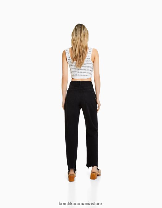 Bershka femei blugi mom rupti tăiați, cu picioare drepte negru Z86D1572 îmbrăcăminte