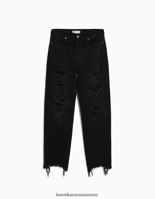 Bershka femei blugi mom rupti tăiați, cu picioare drepte negru Z86D1572 îmbrăcăminte
