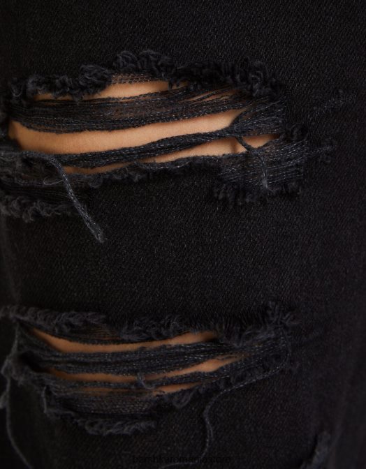 Bershka femei blugi mom rupti tăiați, cu picioare drepte negru Z86D1572 îmbrăcăminte