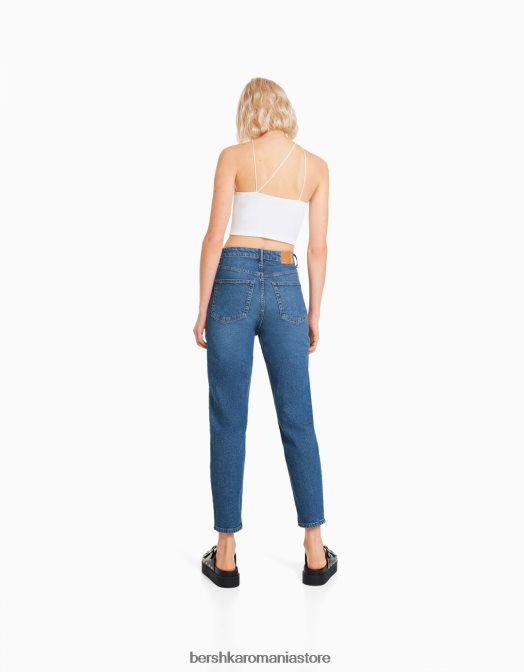 Bershka femei blugi mom slim comfort fit albastru Z86D1520 îmbrăcăminte