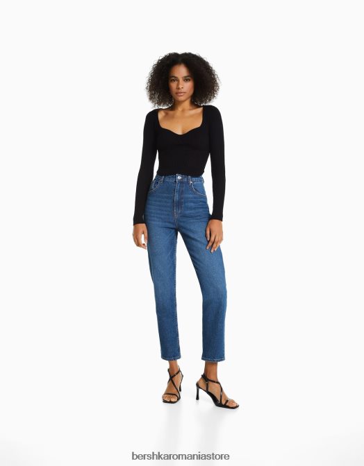 Bershka femei blugi mom slim comfort fit albastru Z86D1987 îmbrăcăminte