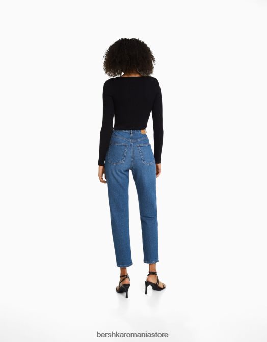Bershka femei blugi mom slim comfort fit albastru Z86D1987 îmbrăcăminte