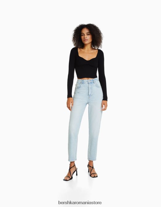 Bershka femei blugi mom slim comfort fit albastru deschis Z86D1985 îmbrăcăminte