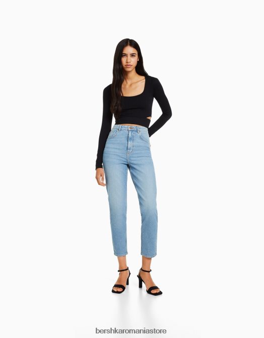 Bershka femei blugi mom slim comfort fit albastru deschis Z86D1992 îmbrăcăminte