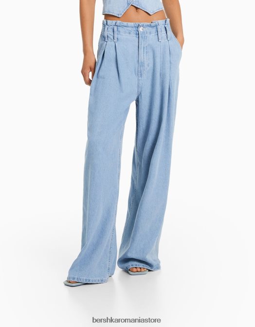 Bershka femei blugi plisați cu picioare largi albastru deschis Z86D1499 îmbrăcăminte