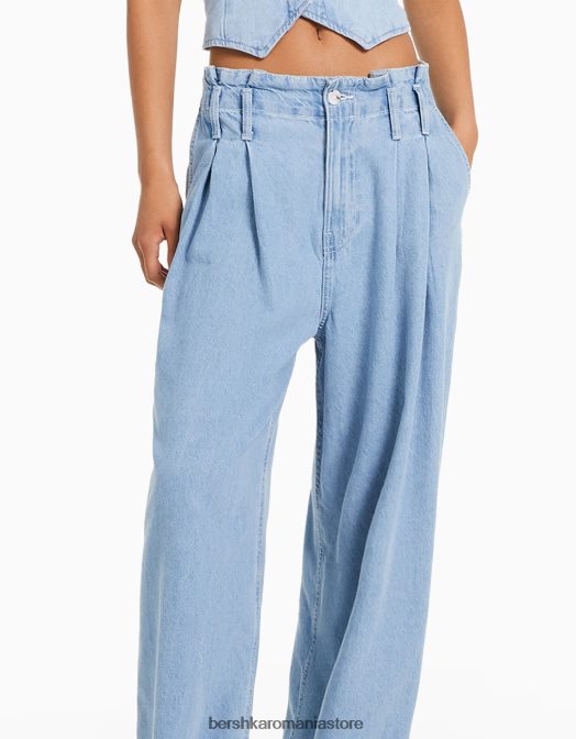 Bershka femei blugi plisați cu picioare largi albastru deschis Z86D1499 îmbrăcăminte