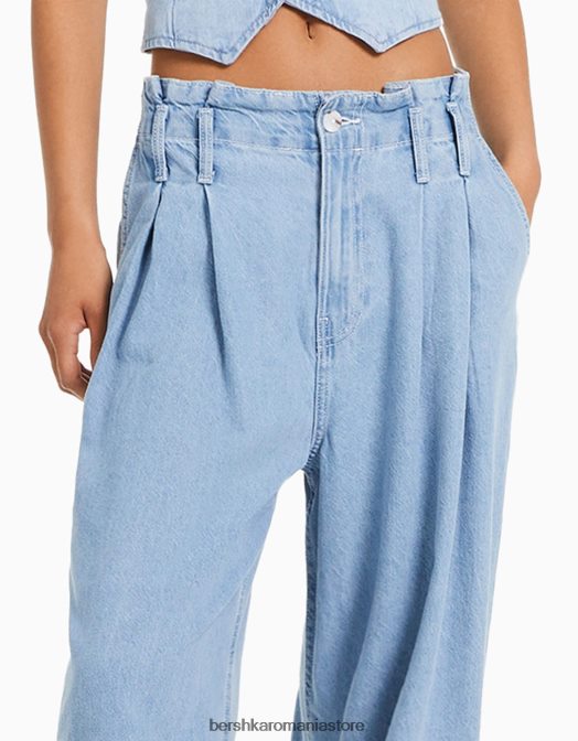 Bershka femei blugi plisați cu picioare largi albastru deschis Z86D1499 îmbrăcăminte