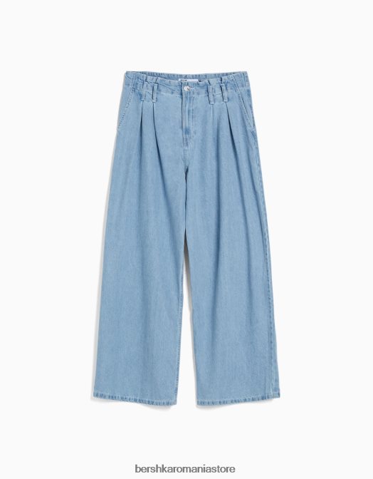 Bershka femei blugi plisați cu picioare largi albastru deschis Z86D1499 îmbrăcăminte