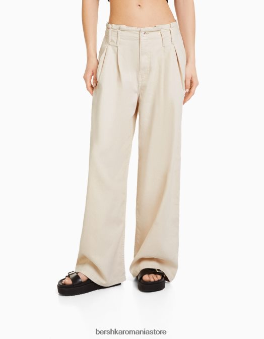 Bershka femei blugi plisați cu picioare largi cremă Z86D1537 îmbrăcăminte