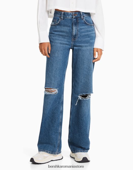 Bershka femei blugi rupti cu picioare largi din anii \'90 albastru Z86D1605 îmbrăcăminte