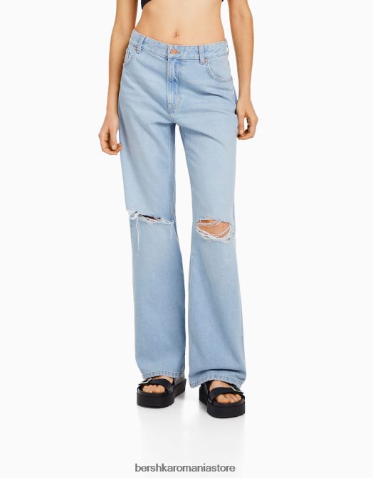 Bershka femei blugi rupti cu picioare largi din anii \'90 albastru deschis Z86D1559 îmbrăcăminte