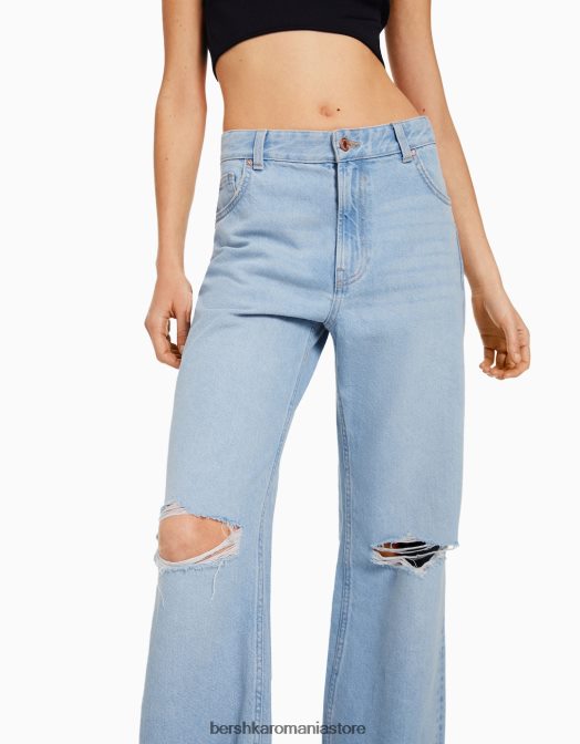 Bershka femei blugi rupti cu picioare largi din anii \'90 albastru deschis Z86D1559 îmbrăcăminte