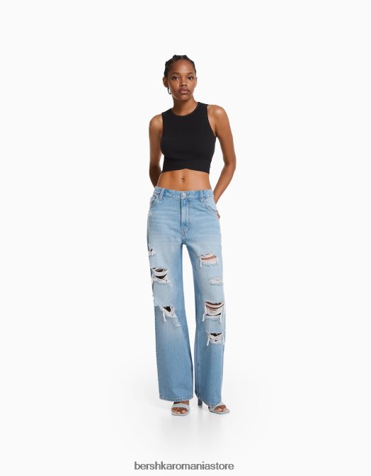 Bershka femei blugi rupti cu picioare largi din anii \'90 albastru deschis Z86D1583 îmbrăcăminte