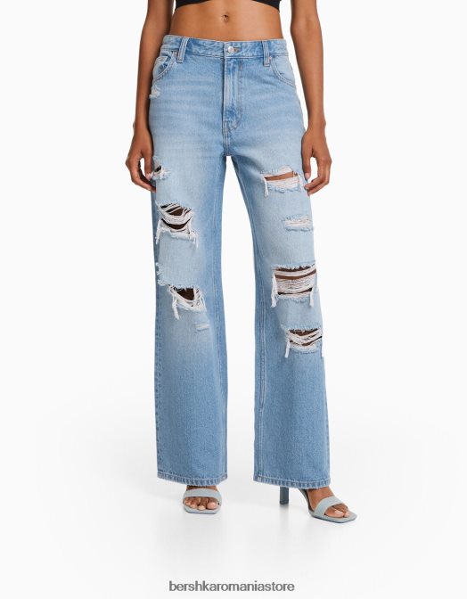 Bershka femei blugi rupti cu picioare largi din anii \'90 albastru deschis Z86D1583 îmbrăcăminte