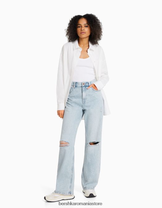 Bershka femei blugi rupti cu picioare largi din anii \'90 albastru deschis Z86D1606 îmbrăcăminte