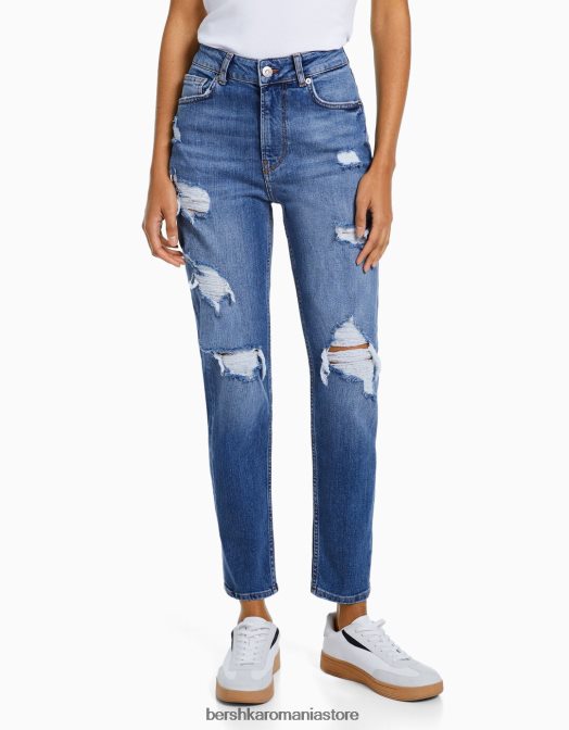 Bershka femei blugi rupti relax fit mom fit albastru Z86D1593 îmbrăcăminte