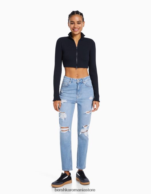 Bershka femei blugi rupti relax fit mom fit albastru deschis Z86D1594 îmbrăcăminte