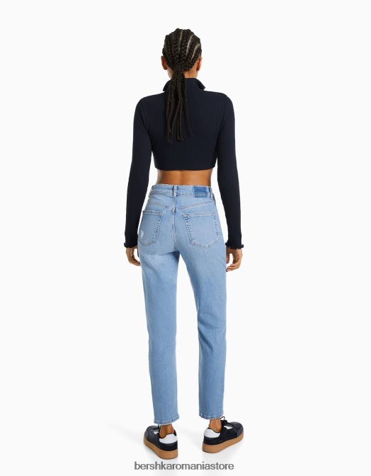 Bershka femei blugi rupti relax fit mom fit albastru deschis Z86D1594 îmbrăcăminte