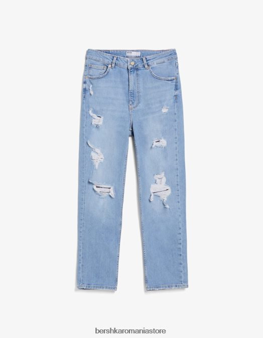 Bershka femei blugi rupti relax fit mom fit albastru deschis Z86D1594 îmbrăcăminte