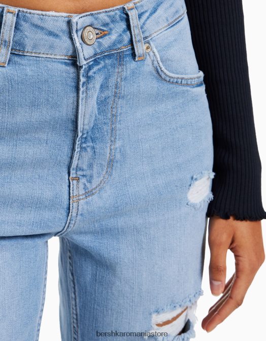 Bershka femei blugi rupti relax fit mom fit albastru deschis Z86D1594 îmbrăcăminte