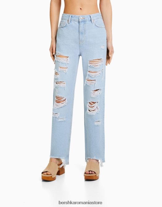 Bershka femei blugi rupti tăiați cu picioare drepte albastru deschis Z86D1573 îmbrăcăminte