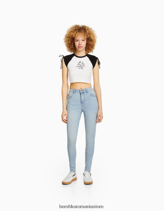 Bershka femei blugi skinny cu talie mare albastru deschis Z86D1603 îmbrăcăminte