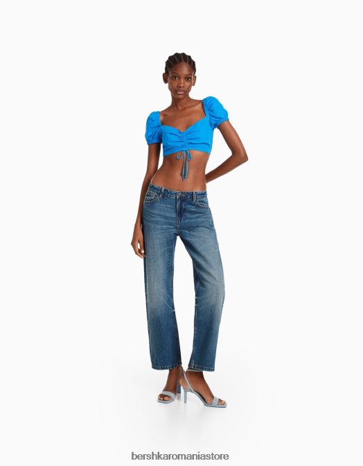 Bershka femei blugi tăiați cu picioare drepte cu talie joasă spălat albastru Z86D1550 îmbrăcăminte