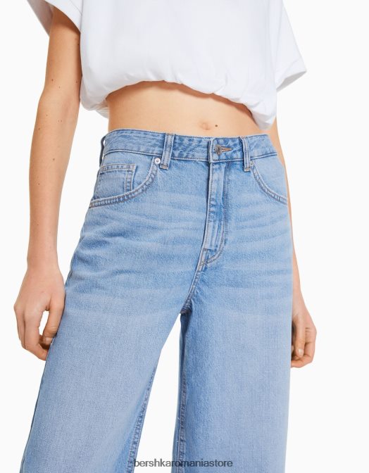 Bershka femei blugi tăiați cu picioare largi albastru deschis Z86D1516 îmbrăcăminte