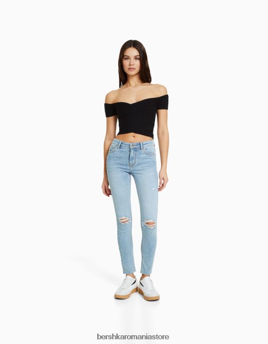 Bershka femei blugi vintage skinny cu talie joasă albastru deschis Z86D1597 îmbrăcăminte