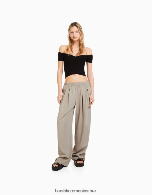 Bershka femei pantaloni largi cu pliuri nisip Z86D1575 îmbrăcăminte