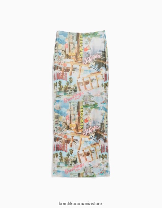 Bershka femei fustă midi cu plasă imprimată cremă Z86D1646 îmbrăcăminte