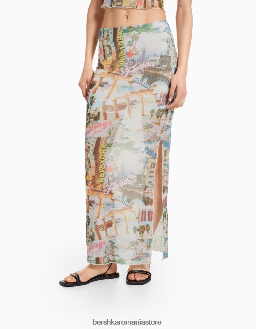 Bershka femei fustă midi cu plasă imprimată cremă Z86D2039 îmbrăcăminte